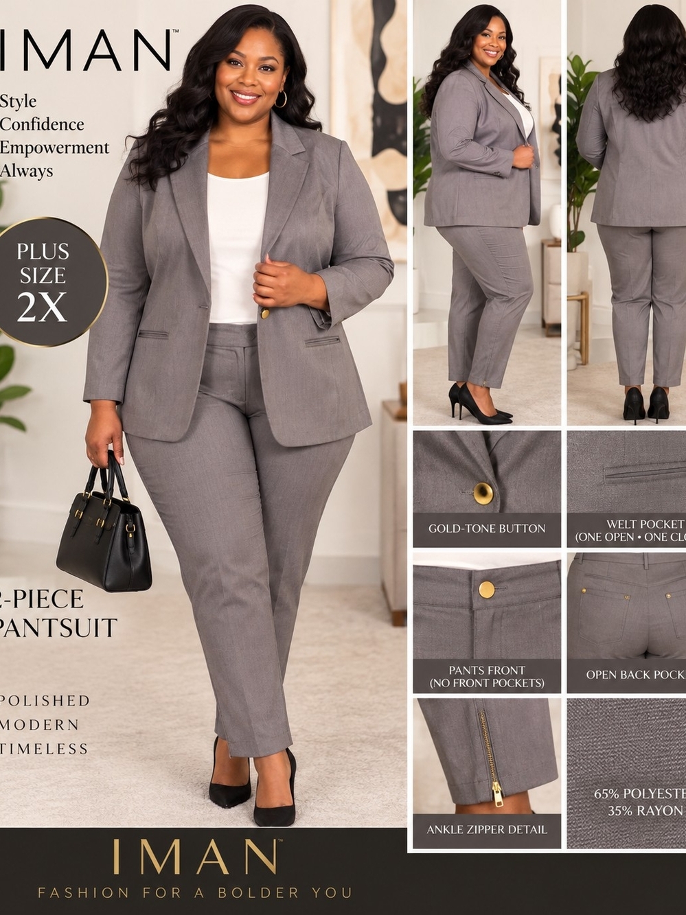 IMAN 2X Gray Pantsuit Blazer & Slim Pants Gold Hardware 2-Piece Set